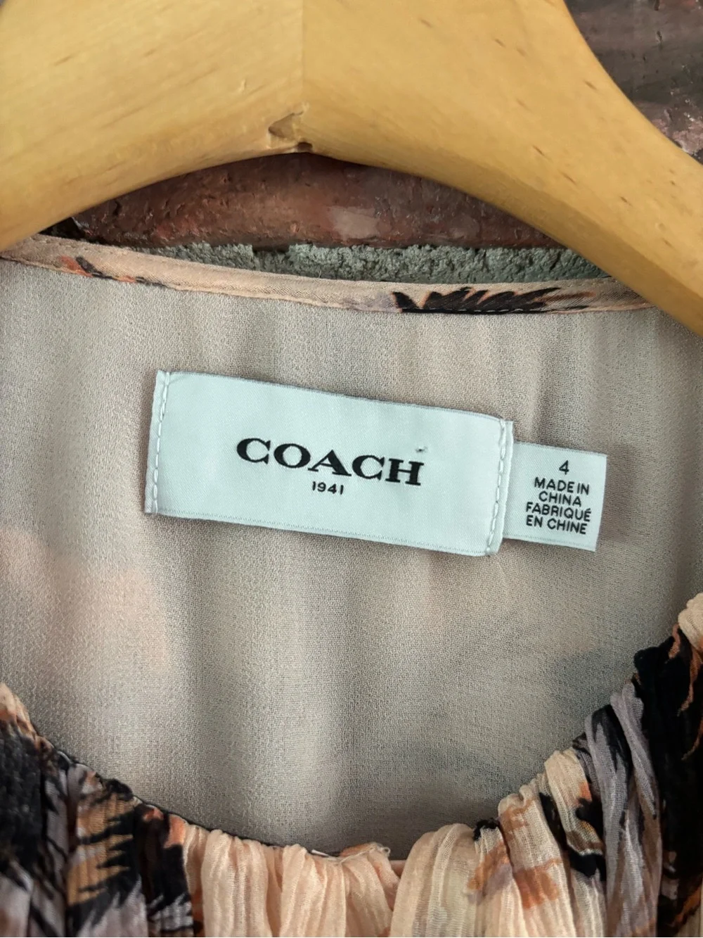 Coach Floral Silk Chiffon Peasant Button Up Long Sleeve Shirt Blouse, 4